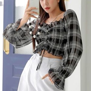 Plaid Tartan Drawstring Ruffle Trim Flounce Sleeve Blouse